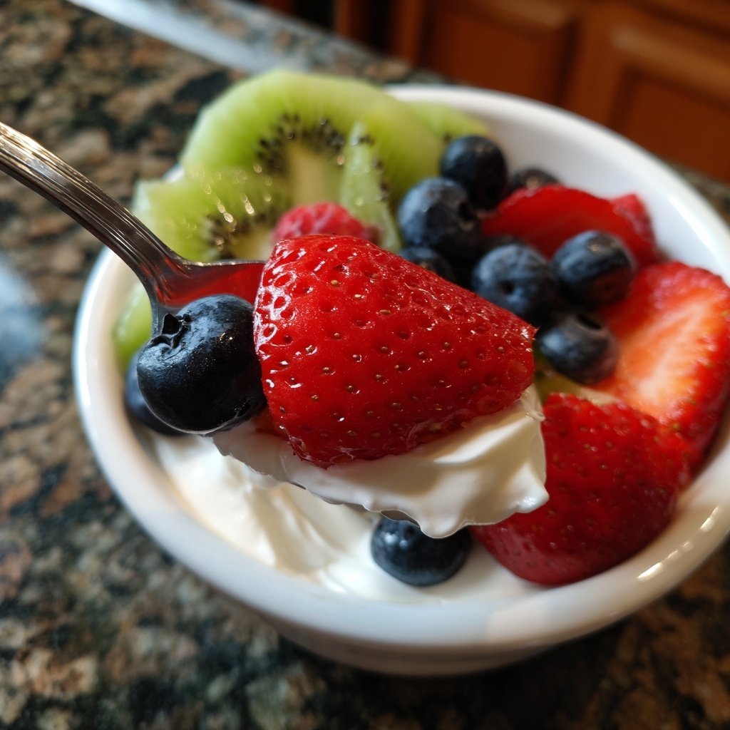 Frühstück mit Joghurt und Obst
